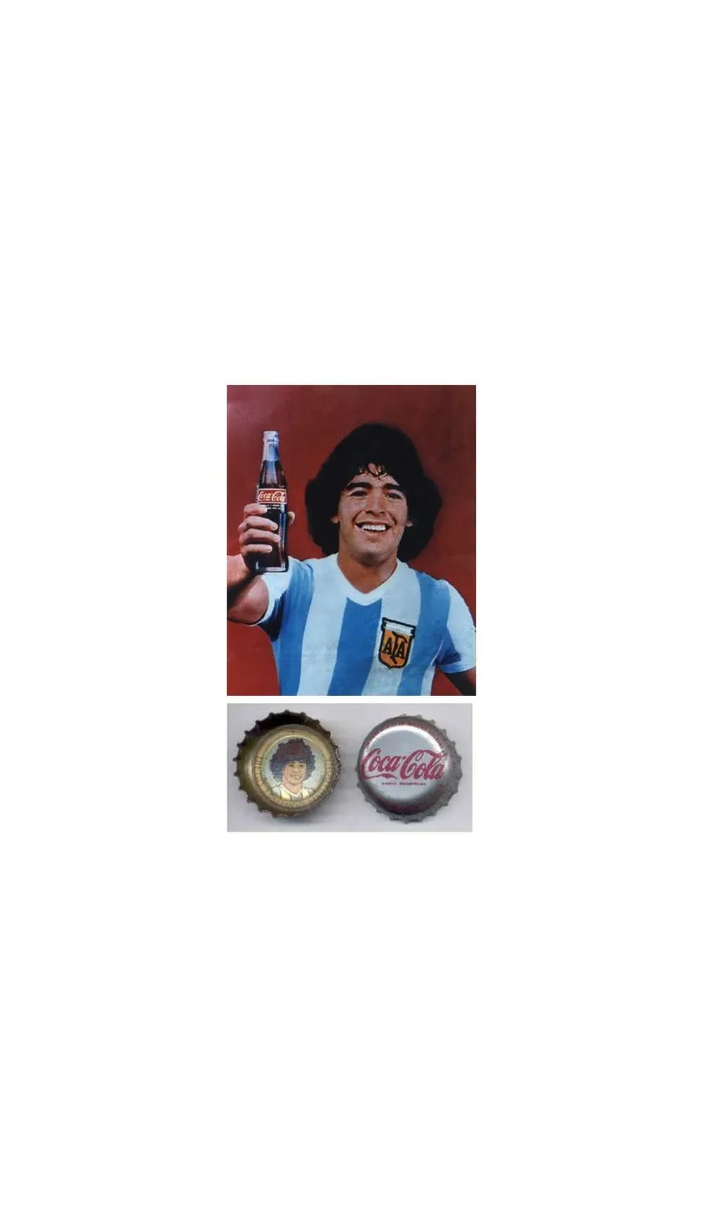 El ídolo del fútbol, Diego Maradona, en un afiche donde posa con una Coca Cola. Además su imagen fue utilizada para promociones de la marca.
