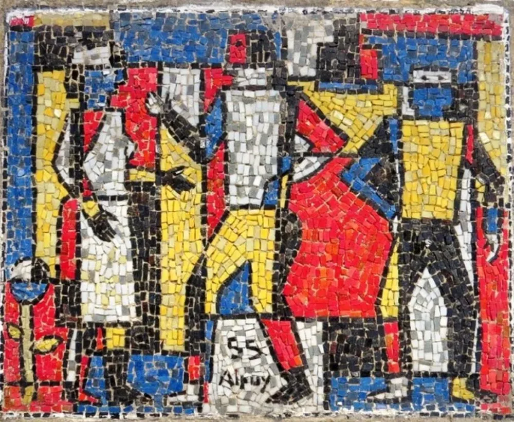 Pareja, constructivo/55 en 5 colores, un mosaico florentino vidriado pintado por Julio Uruguay Alpuy