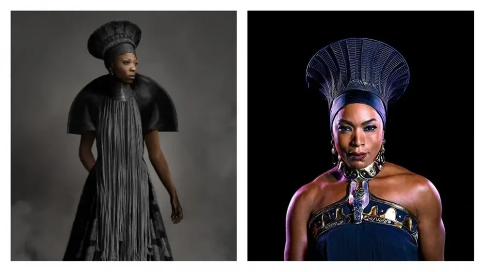 Ramonda, la reina madre de Wakanda (Angela Bassett) destaca por sus vestidos y por sus sombreros inspirados en la cultura zulú impresos en 3D.