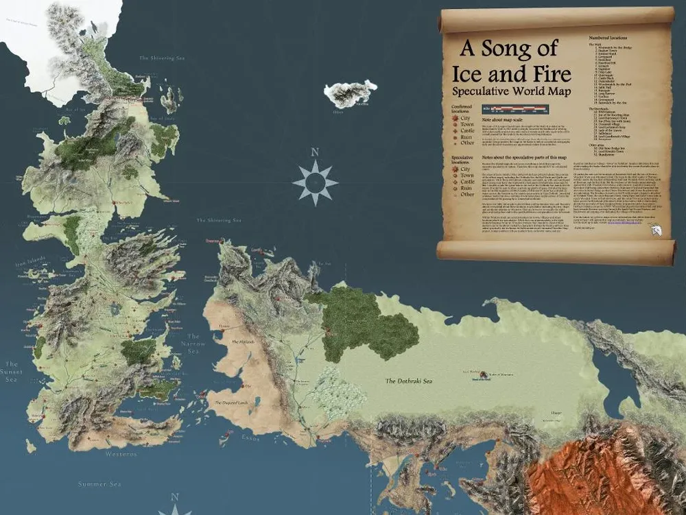 El mapa aproximado de Westeros y Essos