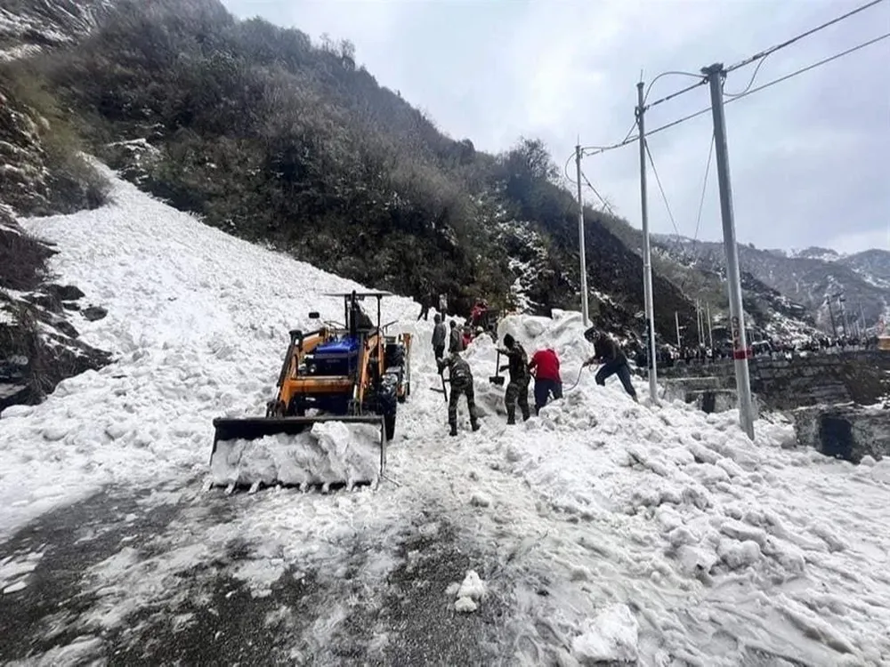 Los equipos de rescate excavan con palas cerca de una cascada luego de la avalancha