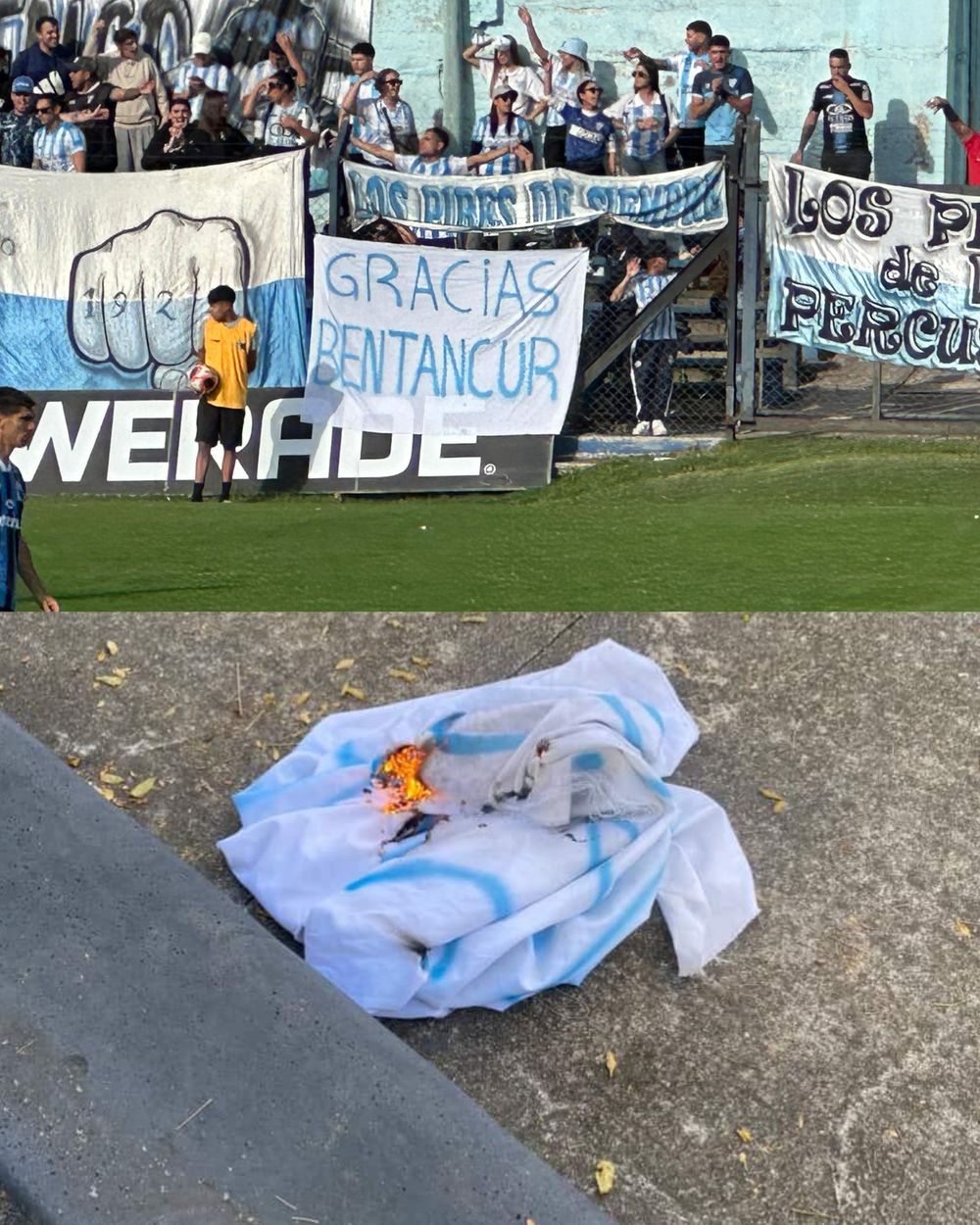 Gracias, Bentancur. La bandera que apareció en la hinchada de Cerro y luego fue quemadaa