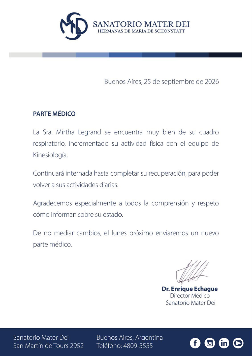 Parte médico emitido por el Sanatorio Mater Dei Parte médico emitido por el Sanatorio Mater Dei