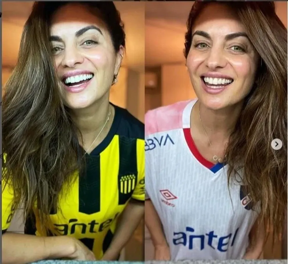 Ana Inés Martinez con las camisetas de Peñarol y Nacional