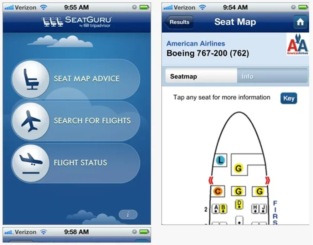 SeatGuru (gratuita) Es una ayuda para encontrar el asiento ideal en el avión. Se trata de una guía para planear el lugar de forma extremadamente específica, ya que contempla detalles como capacidad de reclinación del asiento, ubicación de enfuches y alineación de las ventanas. Disponible para dispositivos iOS.