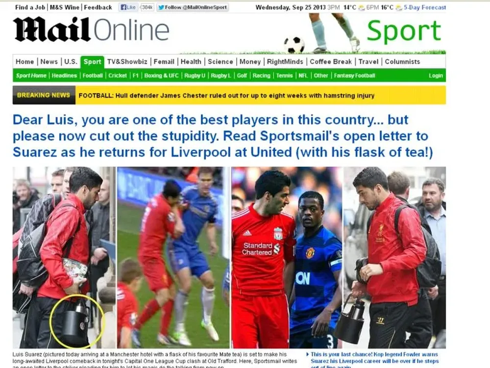 Suárez en la portada deportiva de The Daily Mail