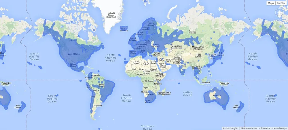 Las regiones marcadas con azul son las que ya están incluidas en Google Street View