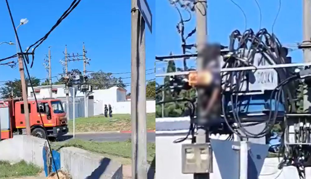Cuerpo de un hombre sobre un transformador de UTE