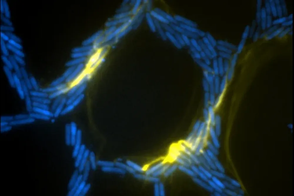 ADN extracelular en biocapas (amarillo) de la bacteria Pseudomonas aeruginosa organizando el tráfico