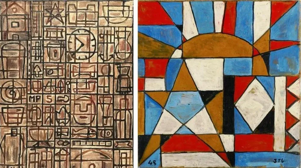 Dos de las obras de Torres García que subastará Sothebys. Graphisme Arte es noir et rouge y Arte constructivo con sol y estrella