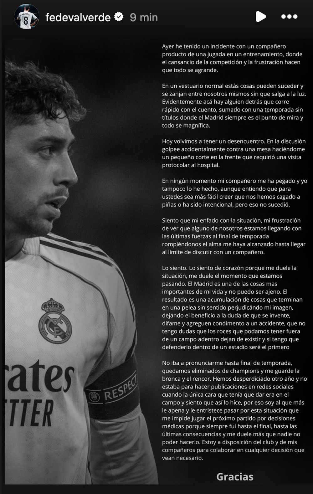 Carta de Federico Valverde tras su incidente con Aurélien Tchoaumeni