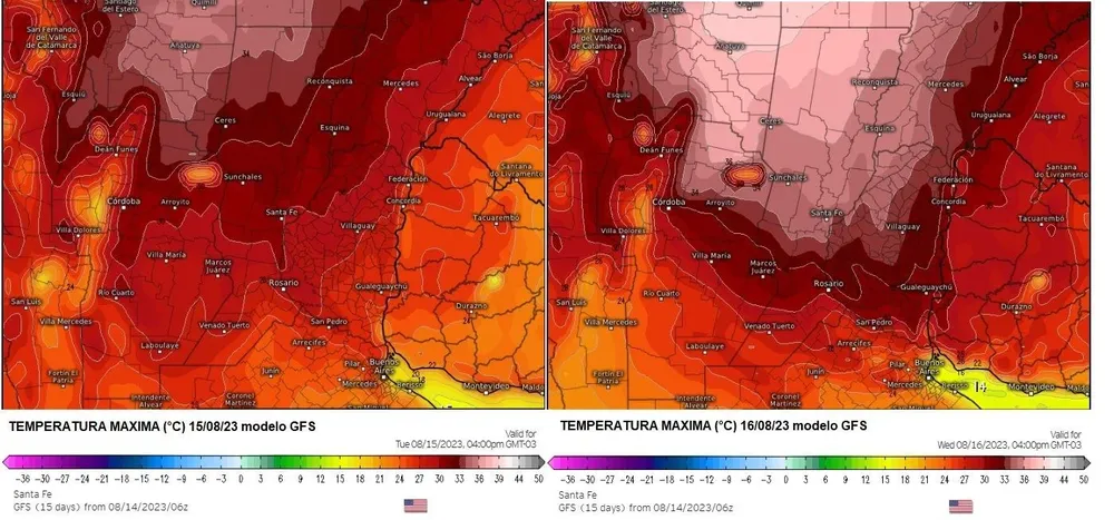 Mapa de temperaturas en Uruguay y Argentina el 15 y 16 de agosto
