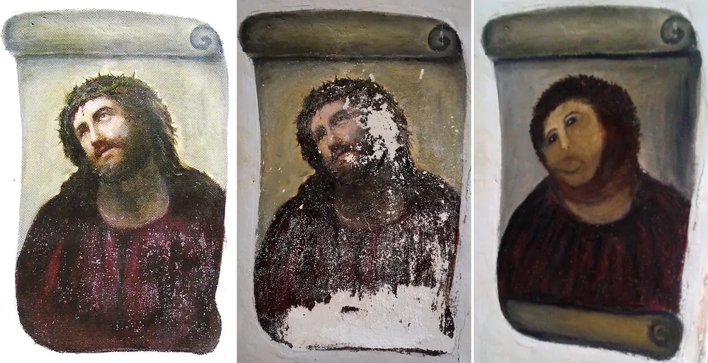 El fresco del Ecce Homo, en tres fases: original, en deterioro y nullrestauradonull por una anciana en España.