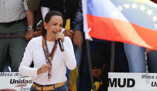 La opositora venezolana María Corina Machado en marcha en Caracas contra la reelección de Maduro, el 3 de agosto