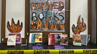 Libros prohibidos exhibidos en una biblioteca de Nueva York