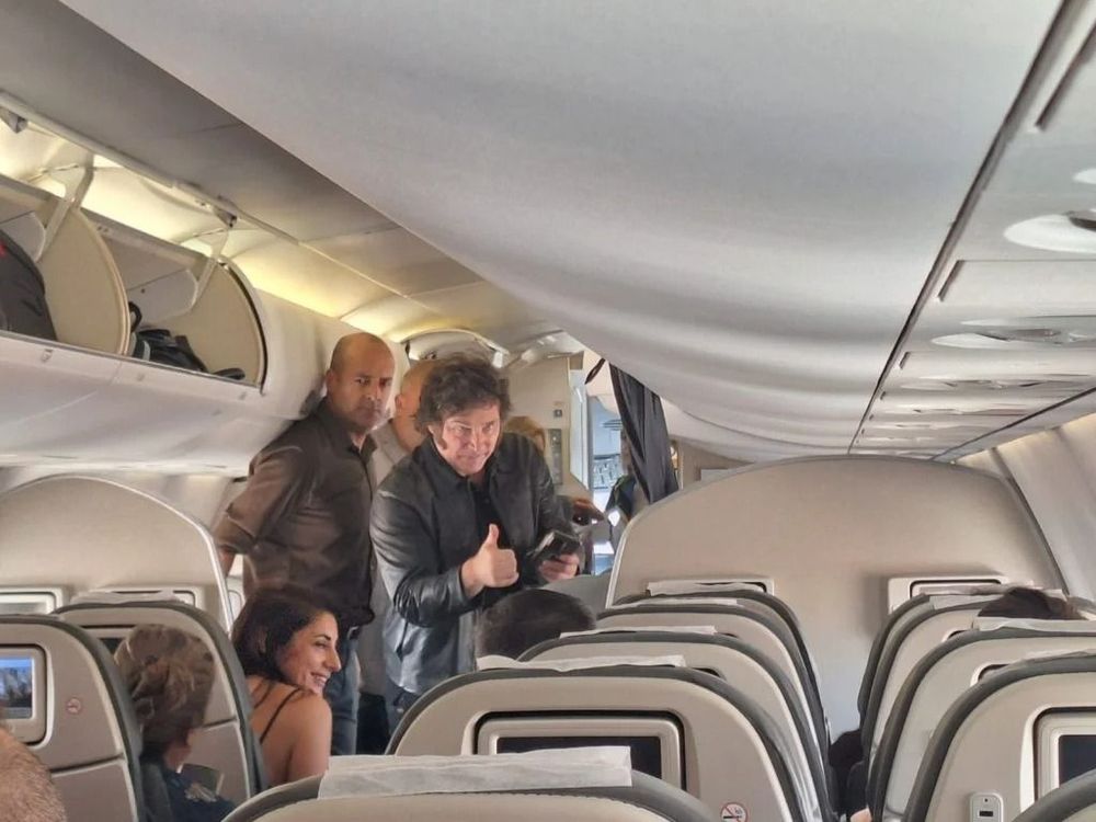 El presidente Javier Milei en un vuelo de línea, este verano