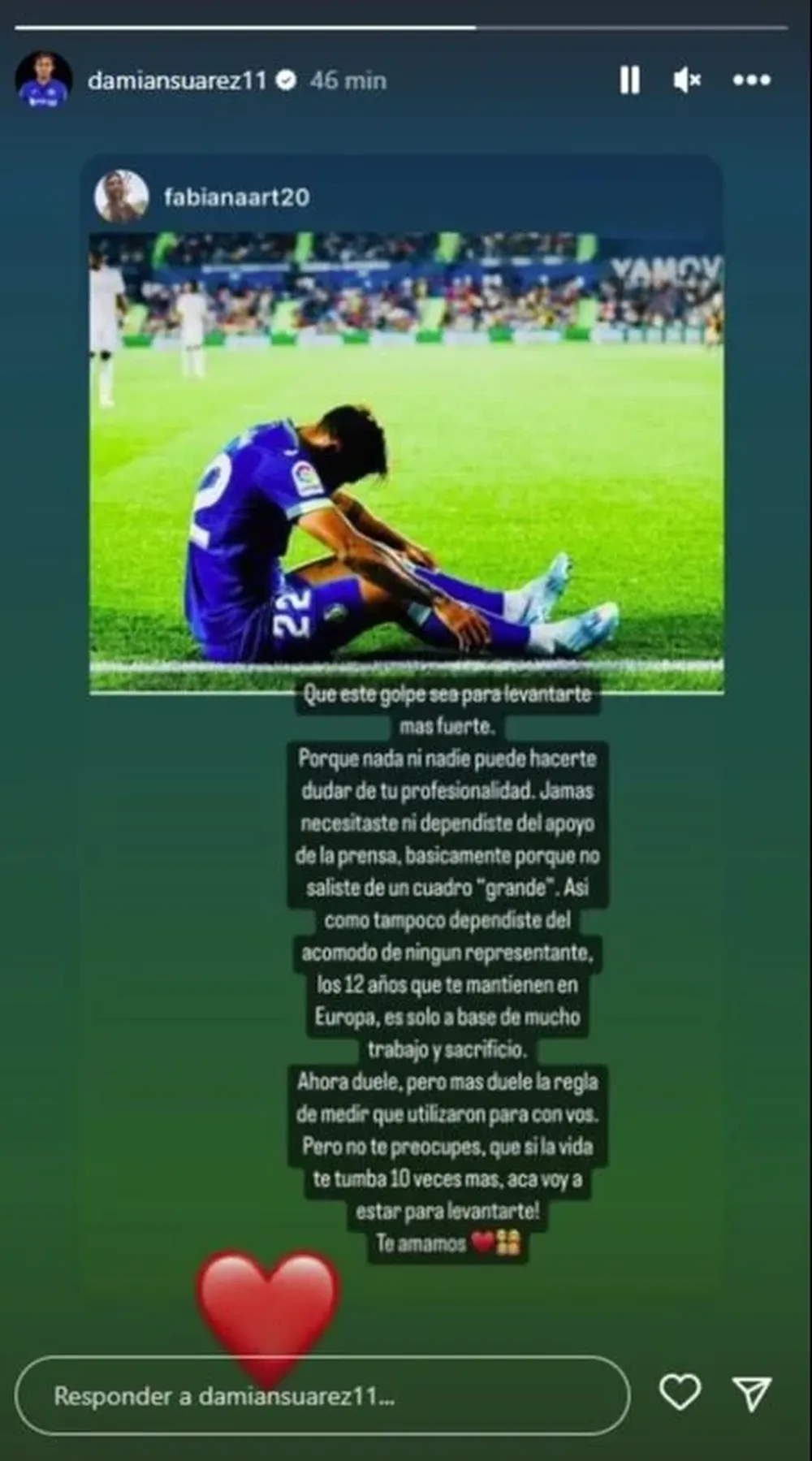 Pareja de Damián Suárez cuestionó su no convocatoria a la selección