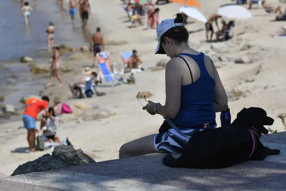 Playa de Montevideo, una mujer con un perro a la sombra.