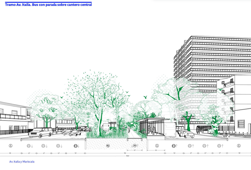 Proyecto del Cinve de octubre de 2024: render con el un tramo de Av. Italia y un ómnibus con parada sobre cantero central