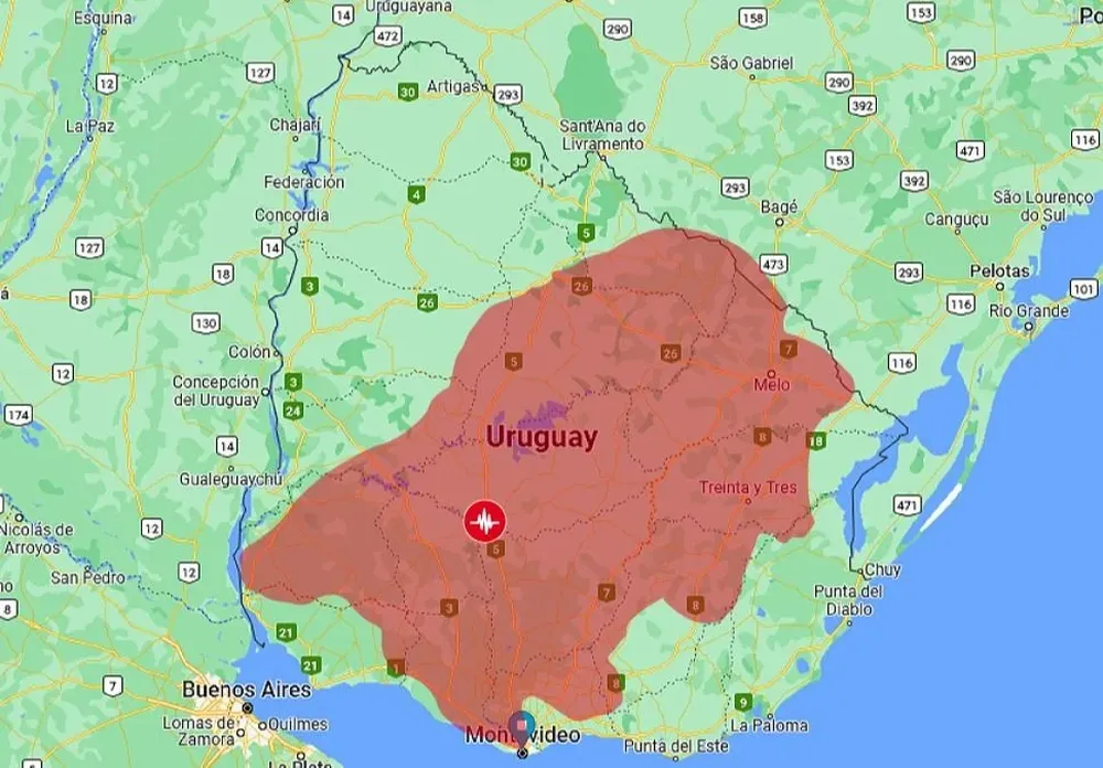 Área afectada de Uruguay si el epicentro del terremoto de Turquía y Siria hubiese ocurrido en Durazno.