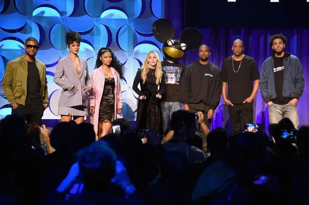 Usher, Rihanna, Nicki Minaj, Madonna, Deadmau5, Kanye West, JAY Z, y J. Cole en el lanzamiento del servicio de streaming de música Tidal
