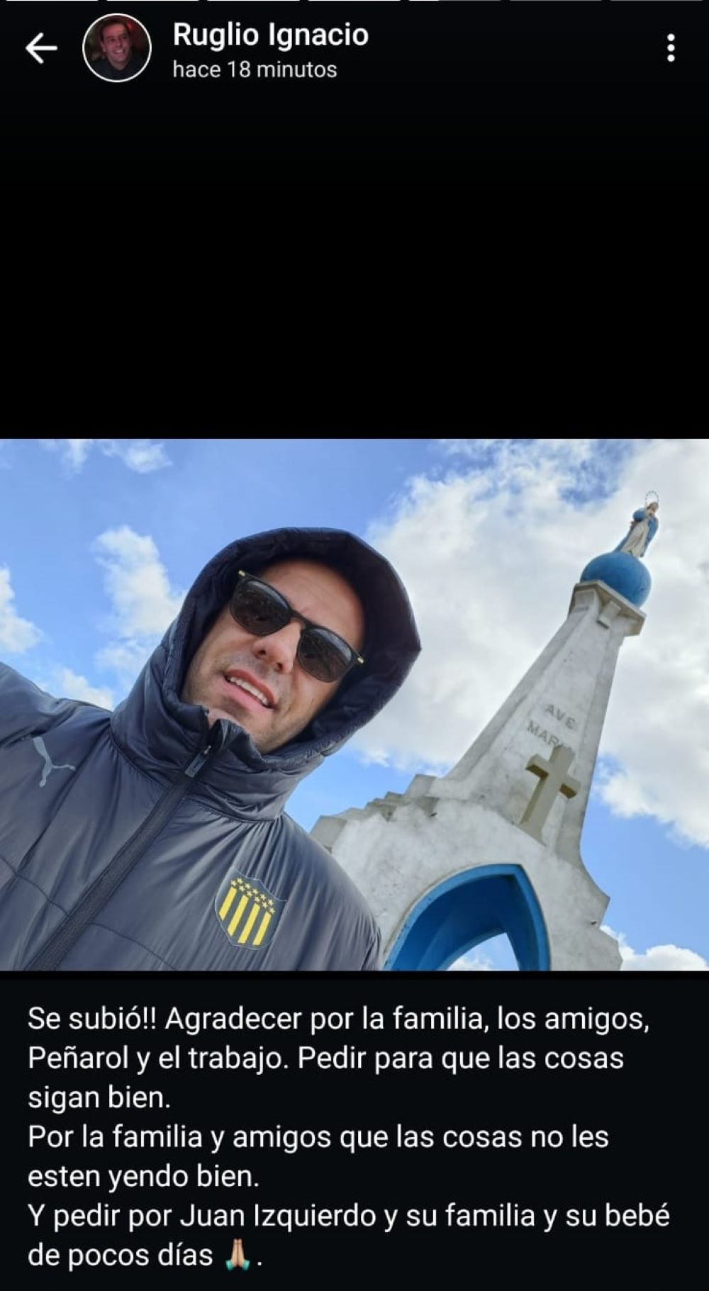 Ignacio Ruglio fue hasta la virgen del Verdún en las afueras de Minas y rezó por Juan Izquierdo, futbolista de Nacional
