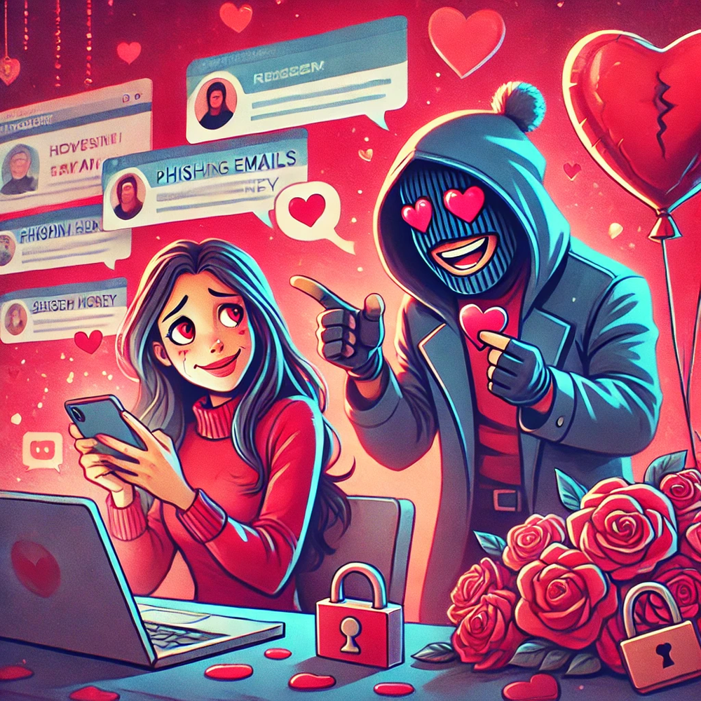 DALL·E 2025-02-14 09.27.29 - A cartoon illustration depicting Valentines Day cyber scams. The image features a romantic online chat where one character, dressed as a cybercrimina.webp