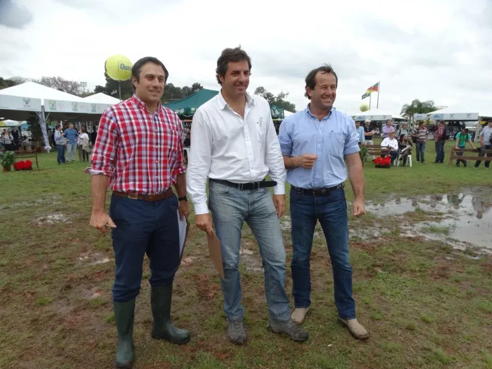 Enrique Albanell (asistente del jurado), Mauricio Groppo (jurado) y Diego Albanell (también asistente) en un alto de las calificaciones de los Angus.