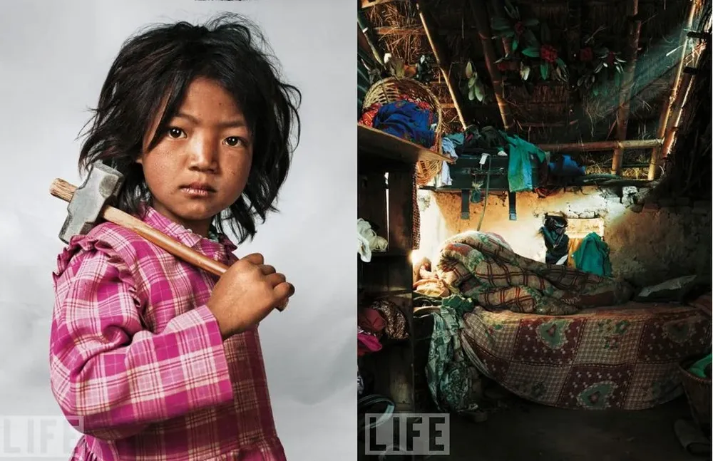 Indira, 7 años, trabaja en una cantera de granito. Vive en Nepal, en una casa de una habitación con su familia