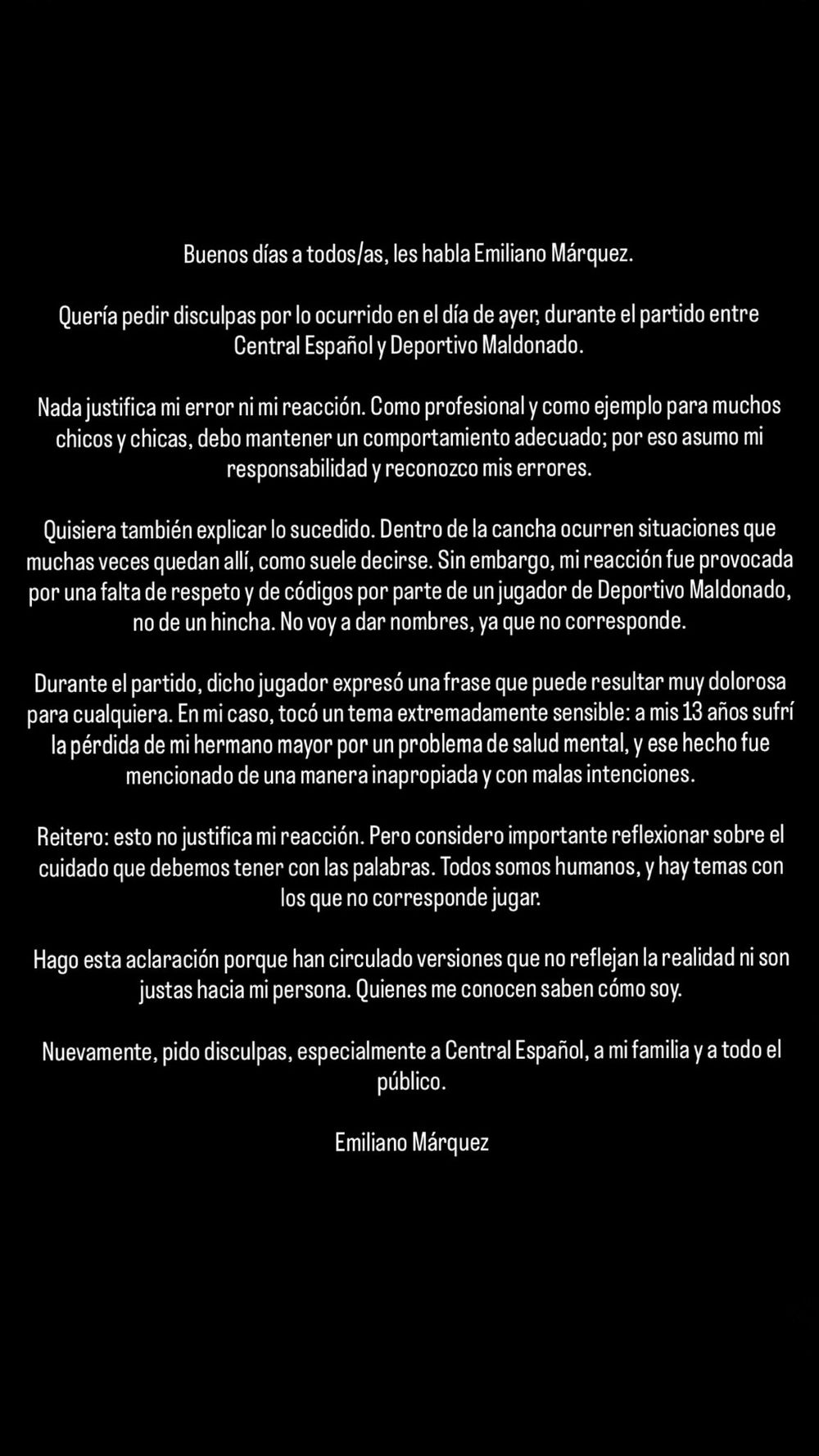 El mensaje de Emiliano Márquez, golero de Central Español