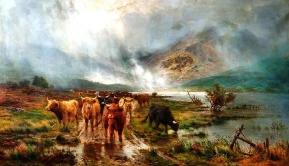Cattle in a highland landscape, un óleo sobre tela del pintor Louis Bosworth Hurt