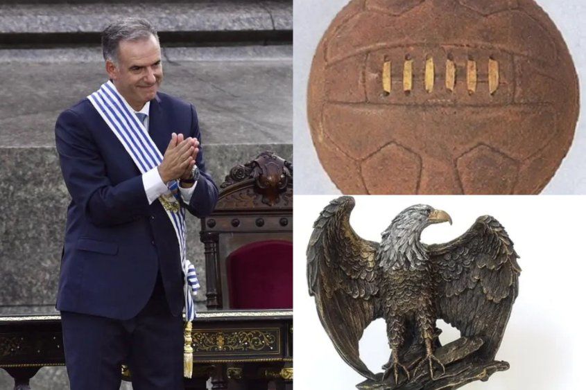 Los curiosos regalos que recibió Yamandú Orsi al asumir como presidente: una pelota de fútbol antigua, un águila de acero y hasta una botella de grappamiel
