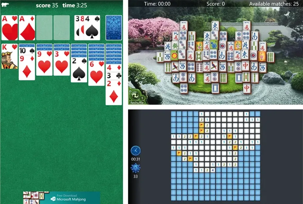 El Solitario (izquierda), Mahjong (arriba derecha) y Buscaminas (abajo derecha)