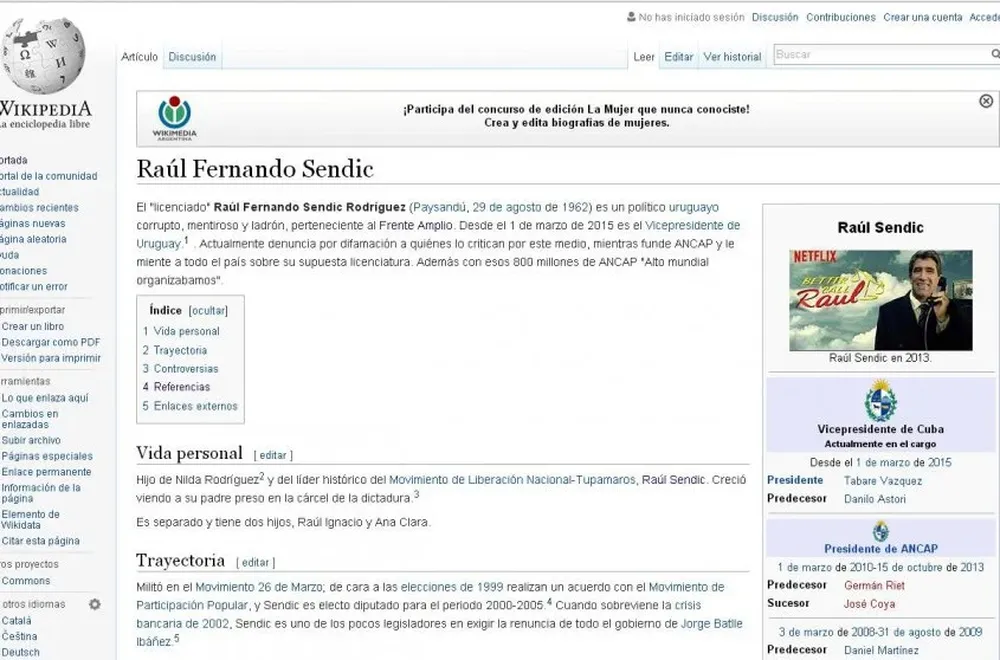 Perfil de Wikipedia del vicepresidente Raúl Sendic a la hora 17.53 del jueves 31 de marzo de 2016