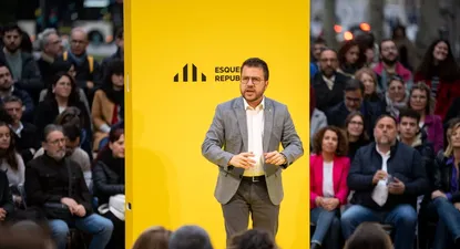 El presidente de la Generalitat y candidato de ERC a la reelección, Pere Aragonès, en el primer acto de campaña de las elecciones catalanas el 12 de mayo.