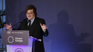 El presidente de Argentina, Javier Milei, interviene en el desayuno informativo del Fórum Europa del que es protagonista este miércoles en Madrid.