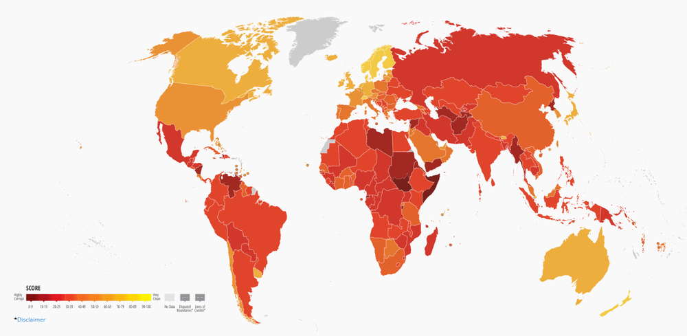 El mapa de la corrupción de acuerdo con la ONG Transparencia Internacional