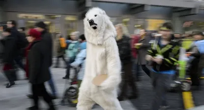 Una persona se disfrazó de oso polar durante las manifestaciones