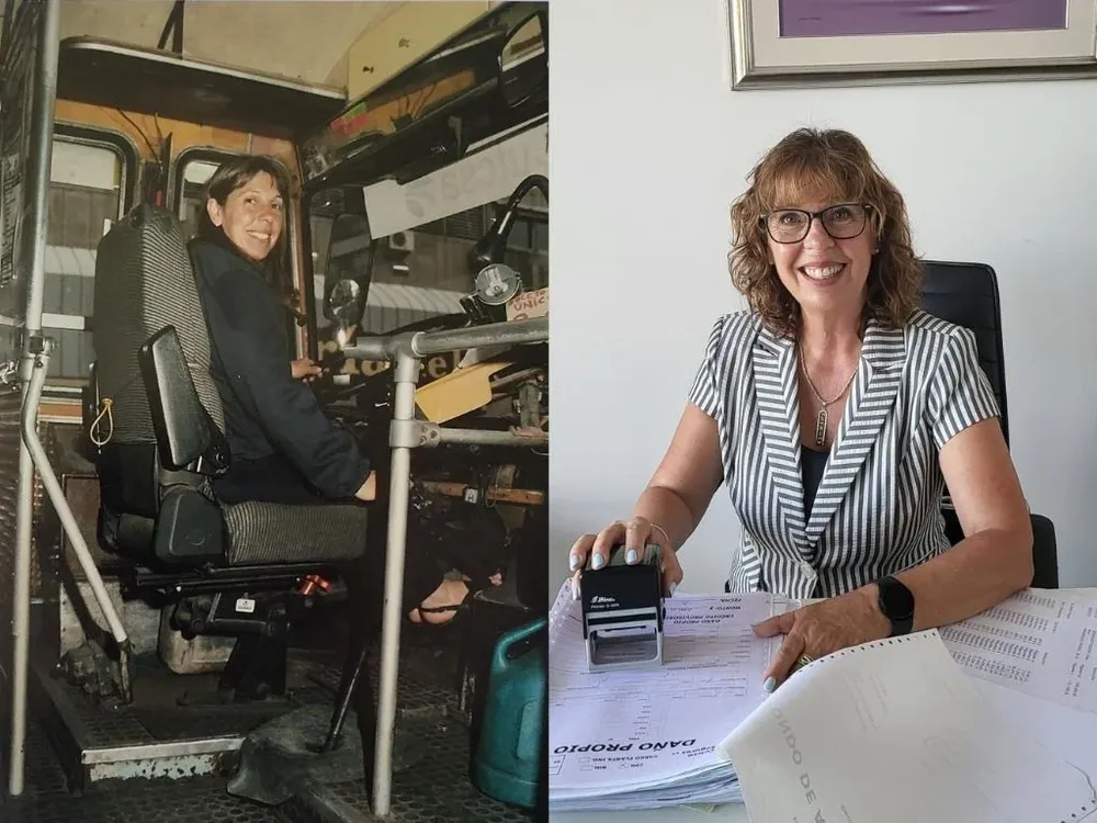 María del Carmen Couselo, como chofer en en 1999, y en la actualidad.