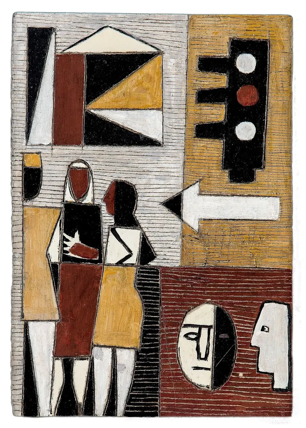 Composición con tres figuras y semáforo, 1962 Óleo sobre tabla incisa, 45,5 x 32 cm Colección privada, Montevideo