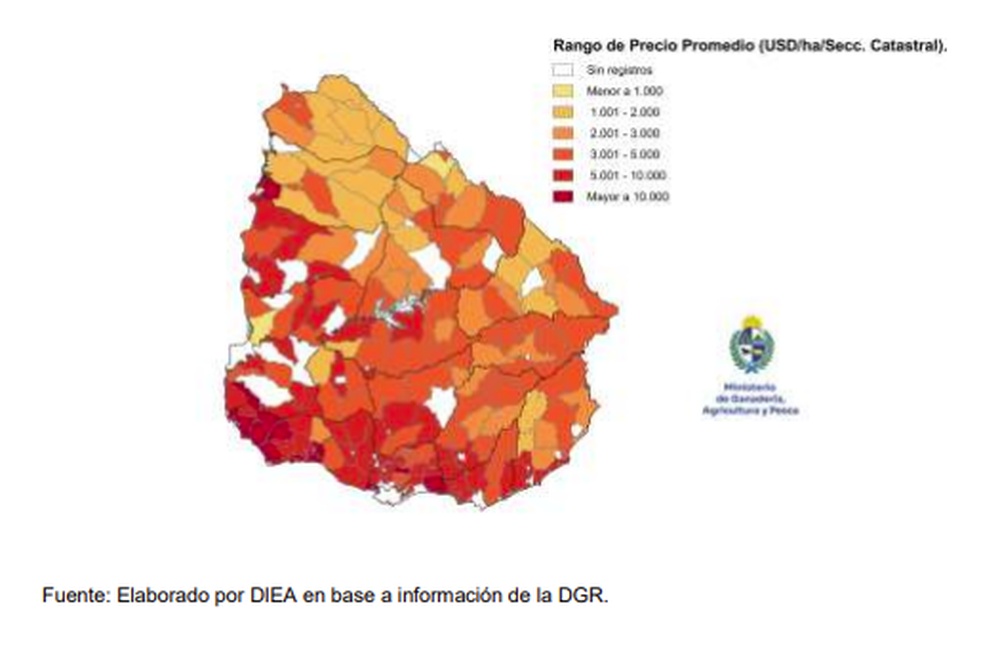 Con el fin de contribuir a una mejor visualización de la distribución de las diferentes transacciones que se realizaron en el semestre el MGAP mapeó el indicador “US$/ha por Sección Catastral”.