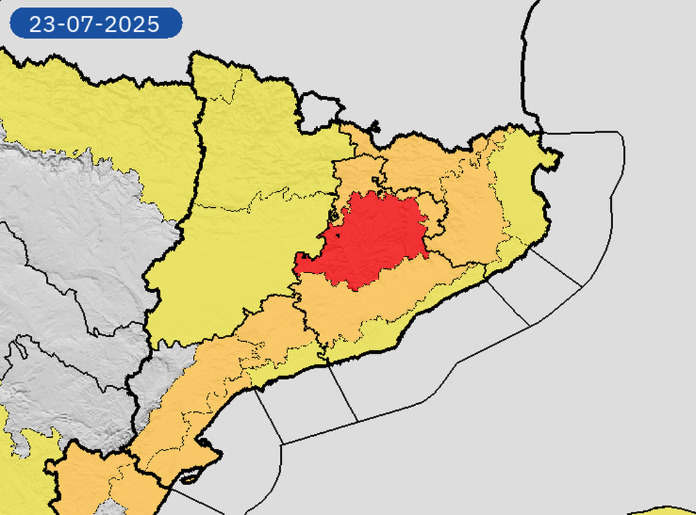 El mapa de la AEMET con la zona en alerta rojo demarcada.