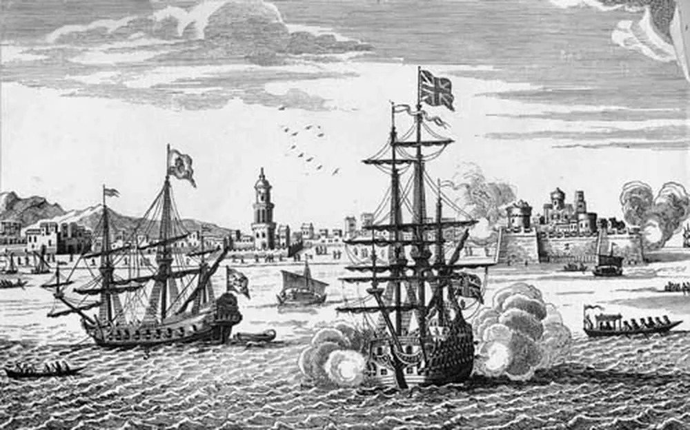 Grabado del siglo XVIII que reproduce una batalla naval entre España e Inglaterra