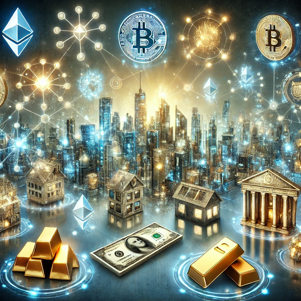 DALL·E 2024-10-21 15.27.34 - A futuristic scene illustrating the tokenization of assets, with digital tokens floating around various physical and abstract assets such as real esta.webp