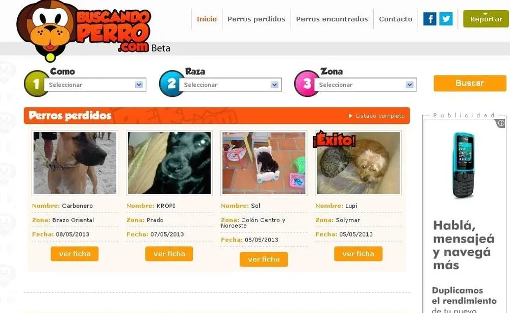 Sí luce la página de inicio de Buscandoperro.com