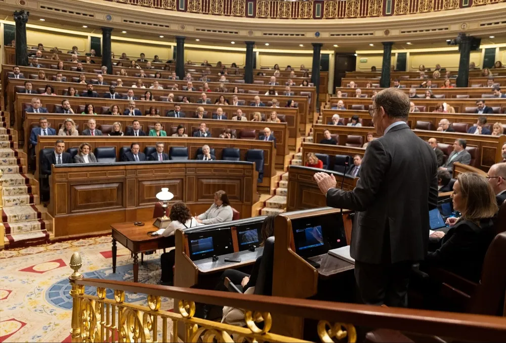 El presidente del PP, Alberto Núñez Feijóo, interviene durante una sesión de control al Gobierno.