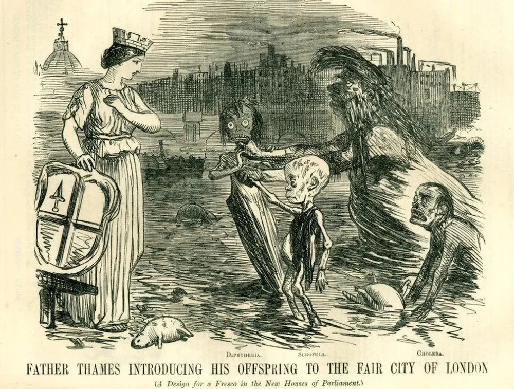 Las revistas satíricas mostraban al padre Támesis como un viejo asqueroso y su descendencia -que en esta ilustración le está presentando a Londres- deformada y enferma.