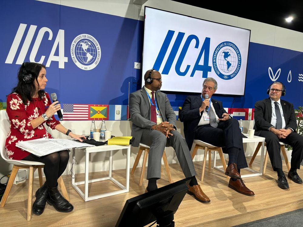 COP 29: Danielle Nierenberg, presidenta de Food Tank; Roland Royer, ministro de Agricultura, Pesca y Economía Azul y Verde de Dominica; Fernando Mattos, &nbsp;ministro de Ganadería, Agricultura y Pesca de Uruguay; y Lloyd Day, Subdirector General del IICA.