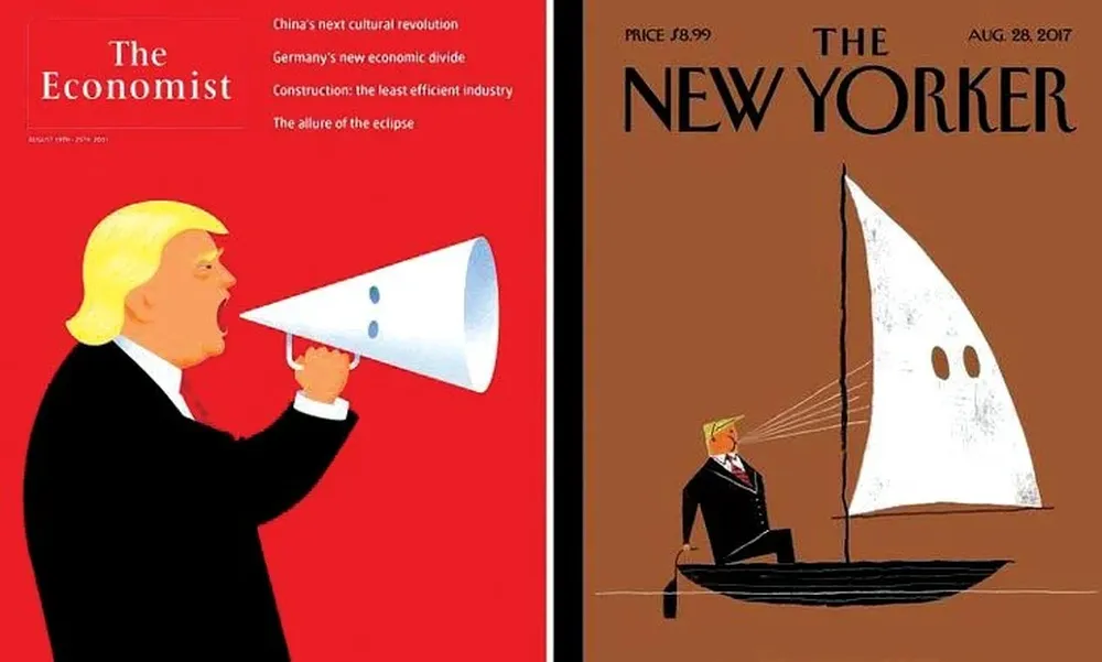THE ECONOMIST y THE NEW YORKEREn agosto estallan incidentes racistas y Trump defiende a los supremacistas blancos. Las tapas lo retratan como sipatizante del Ku Klux Klan.