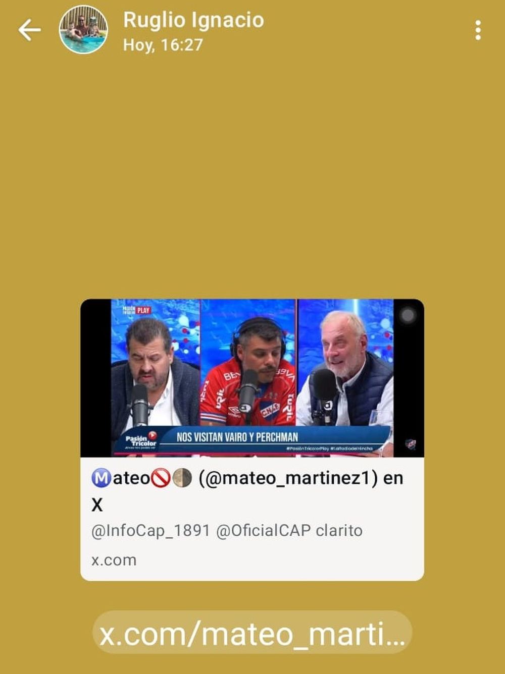 El segundo estado de Whatsapp que subi&oacute; Ignacio Ruglio, presidente de Pe&ntilde;arol, en el que se escucha una declaraci&oacute;n del titular de Nacional, Ricardo Vairo